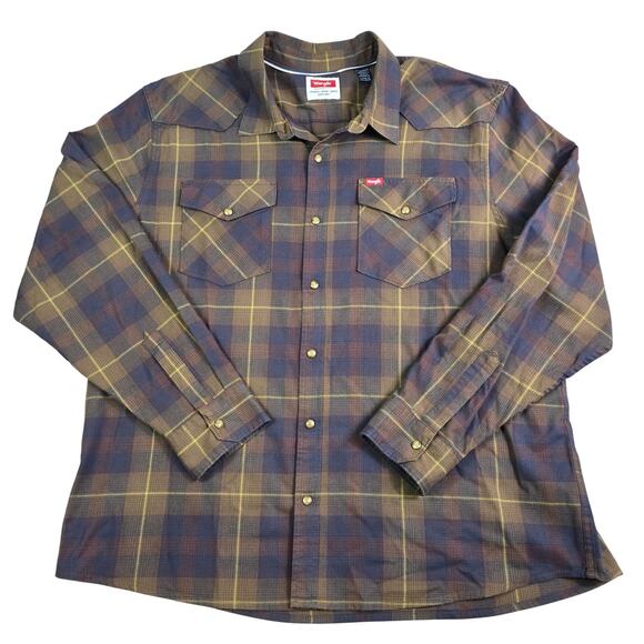 Wrangler Pearl Snap Shirt Men's XXL Brown Plaid Western Workwear Ranch Farm - Picture 1 of 9